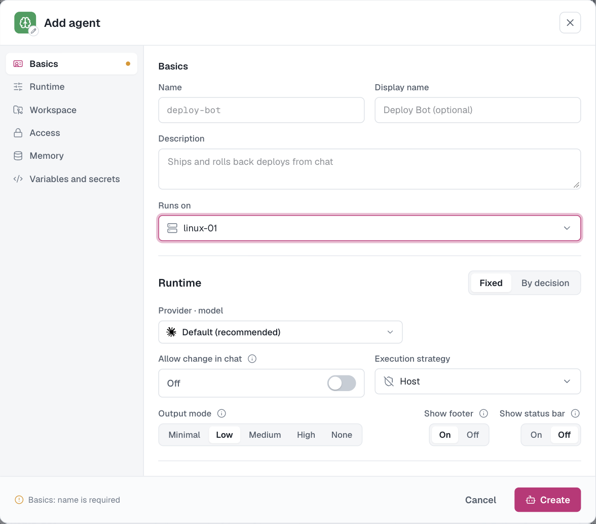 “添加 Agent”对话框，左侧是各个分区，右侧展开了基础信息和 Runtime 字段