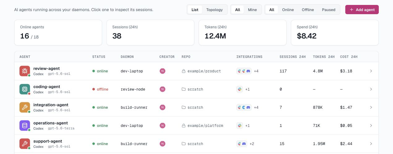 Agent 列表：每个 Agent 的 Runtime、Daemon、仓库、集成和最近用量