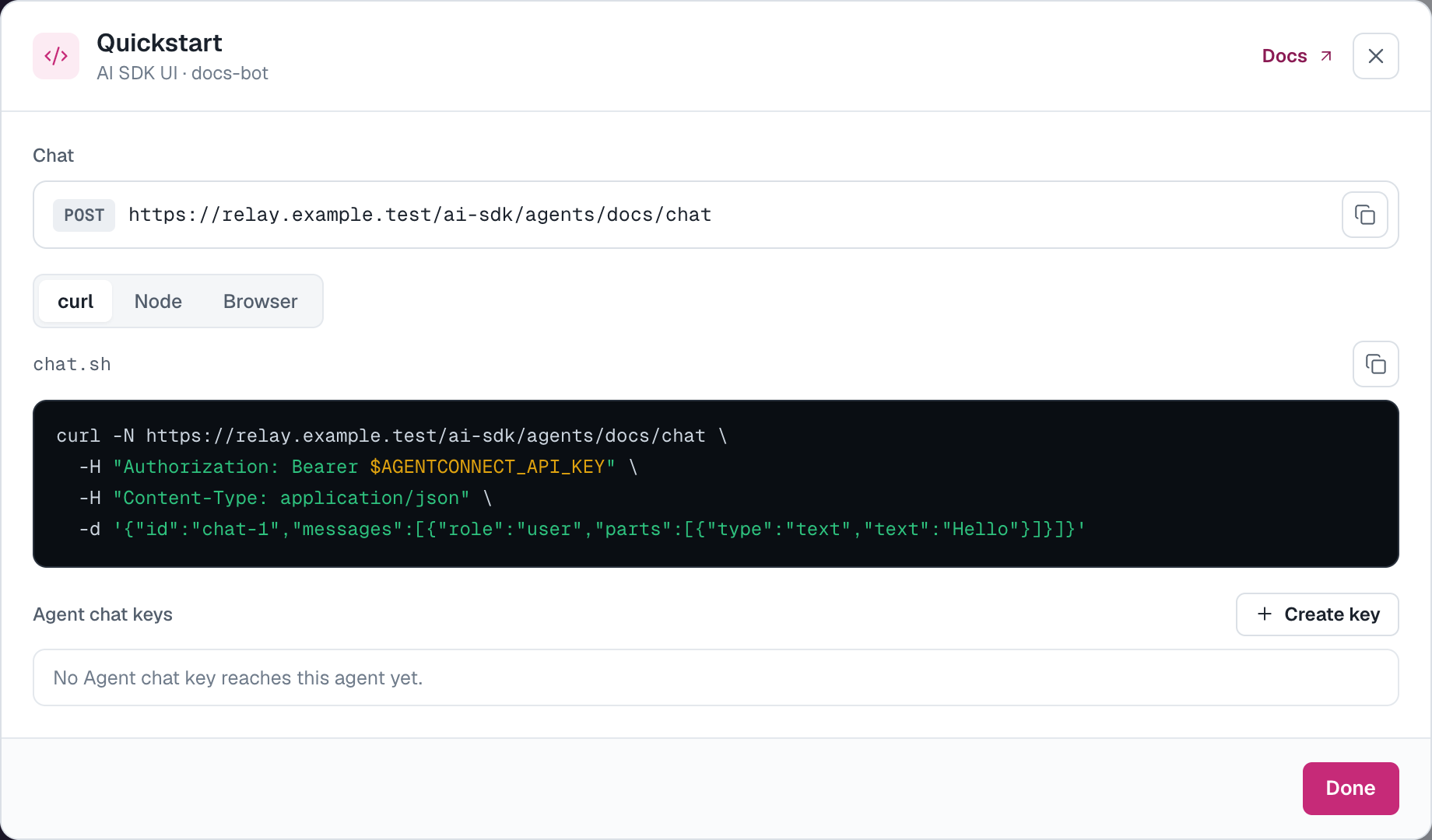 The API card's Quickstart