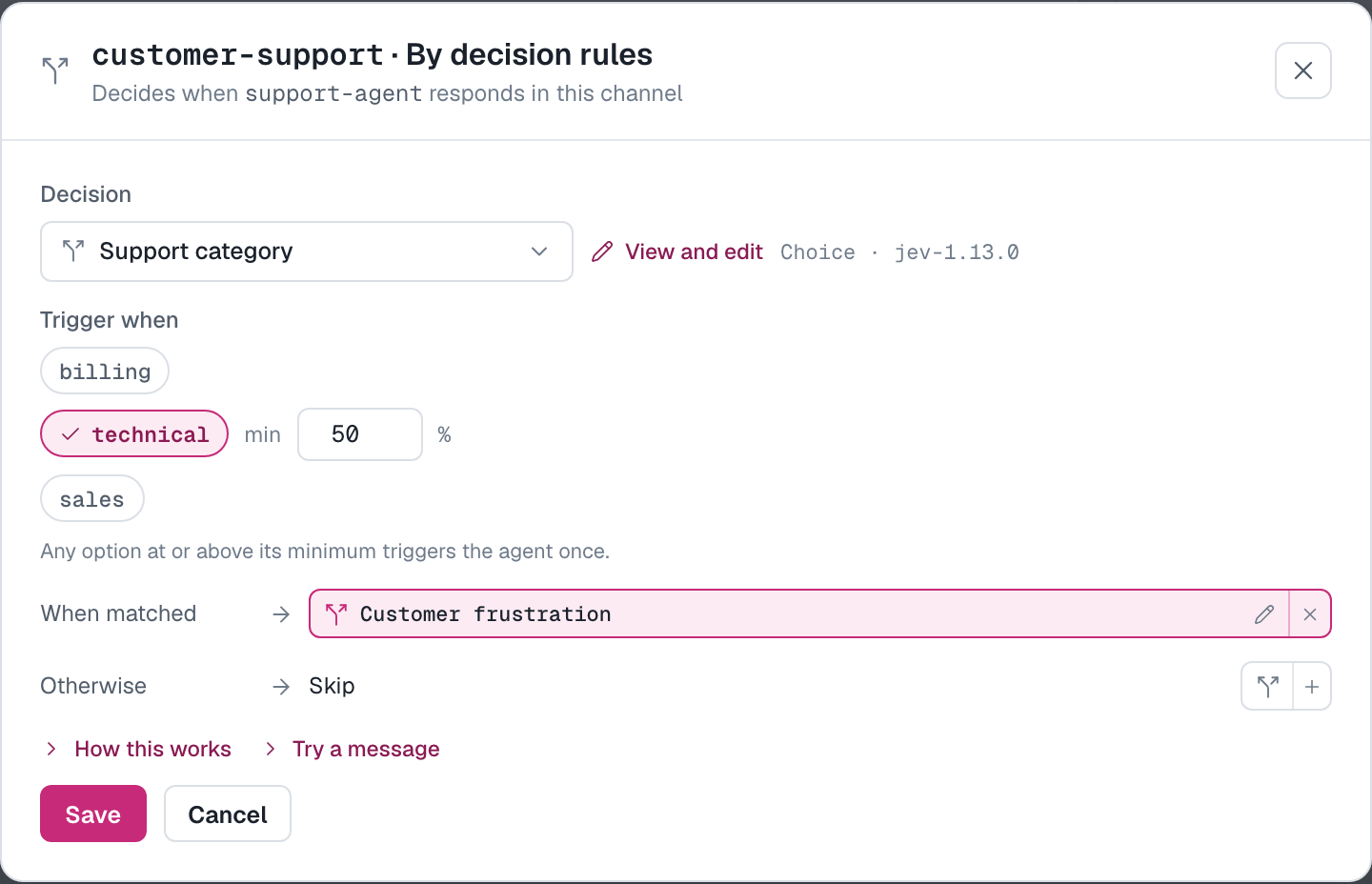 A channel's By decision rules where technical at 50 percent continues with the Customer frustration Decision