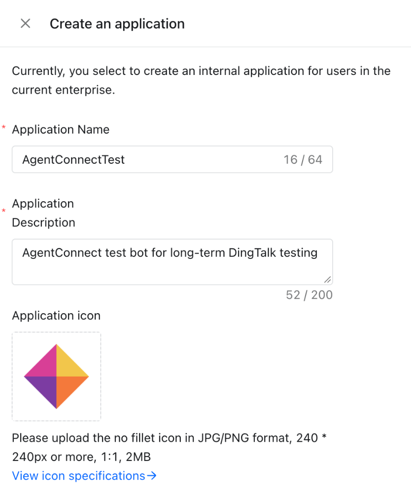 The Create an application panel with a name, a description, and an icon