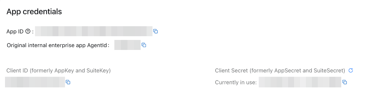 The app's credentials, with the values hidden