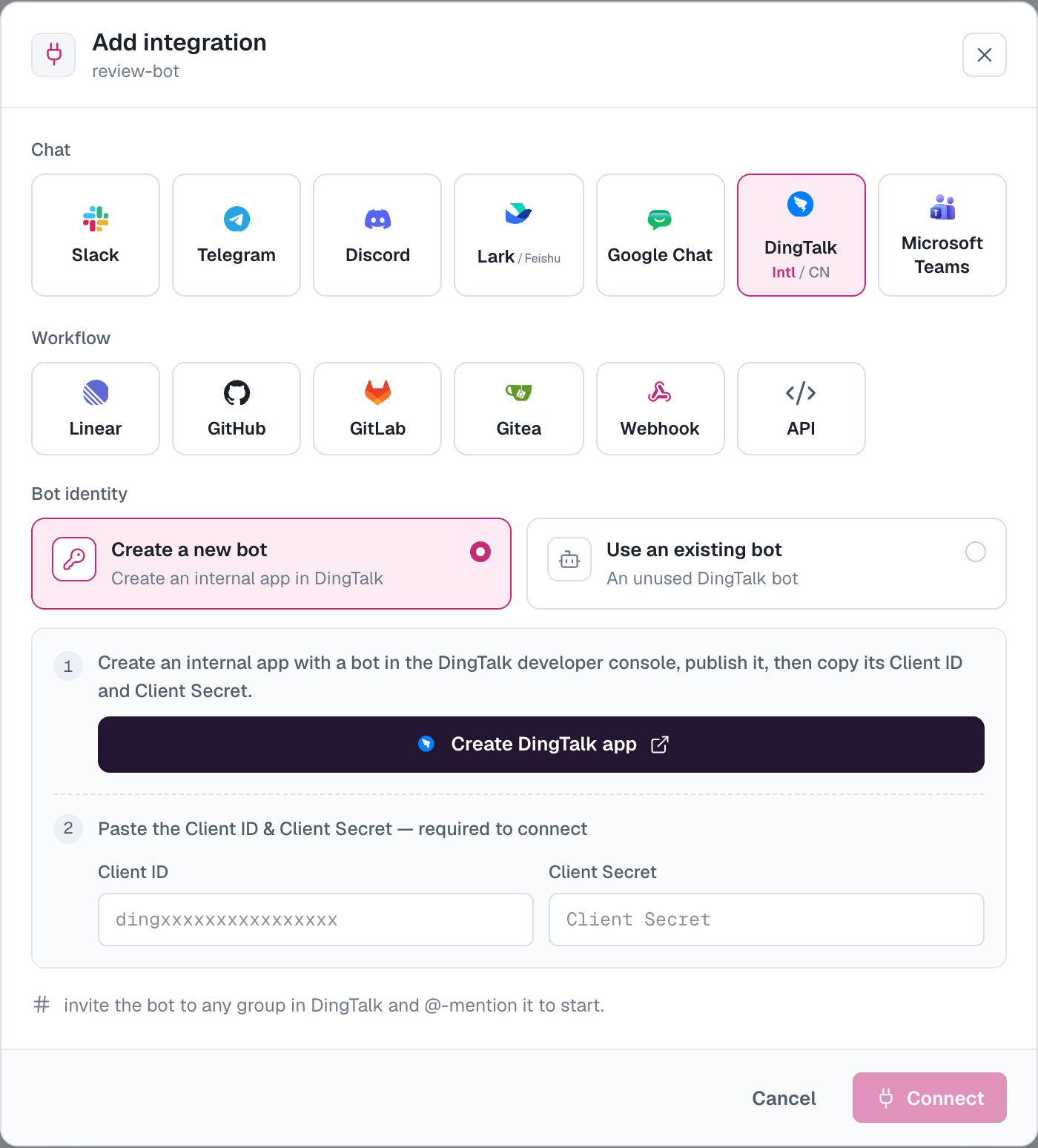 Add a DingTalk integration with a Client ID and Client Secret
