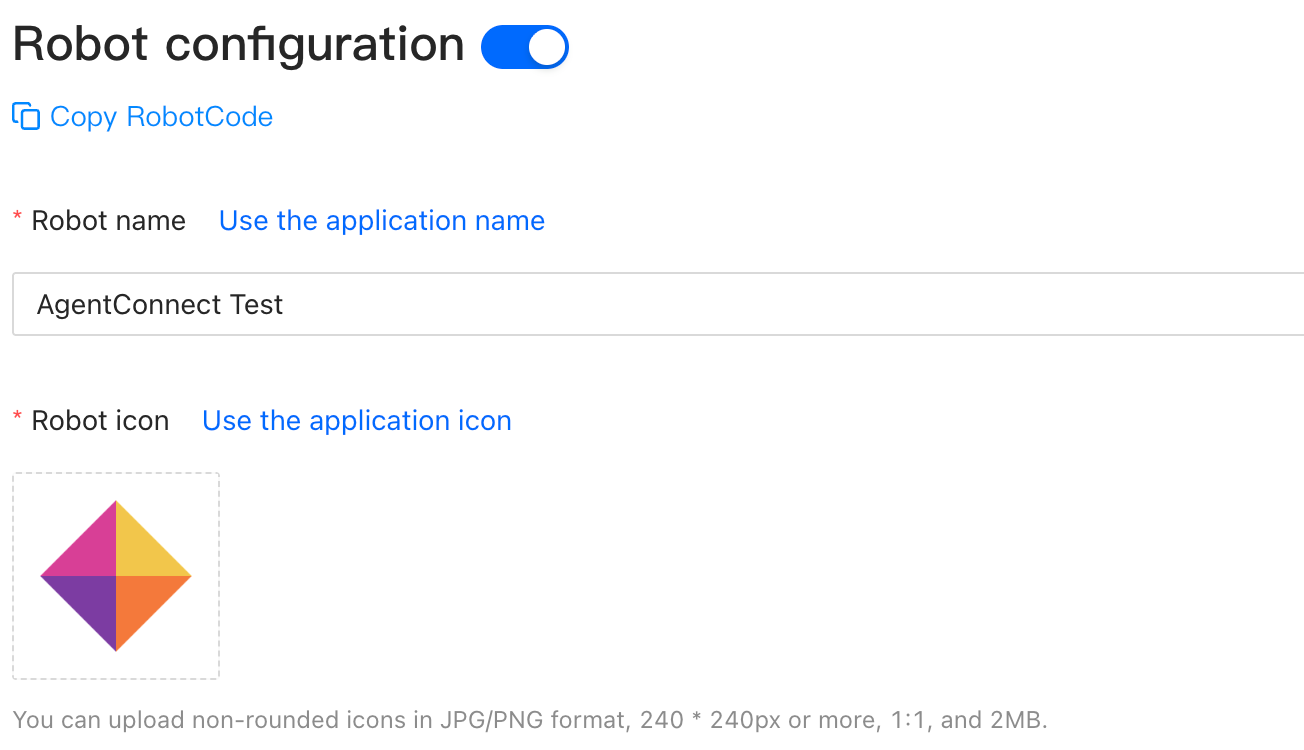 Robot configuration with the robot's name and icon