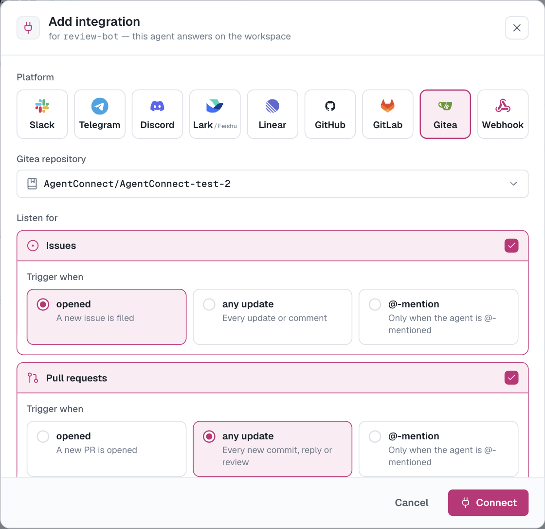 选择了 Gitea 的添加集成对话框：选择仓库，选择 Issue 或 Pull Request，以及 Agent 被唤醒的积极程度