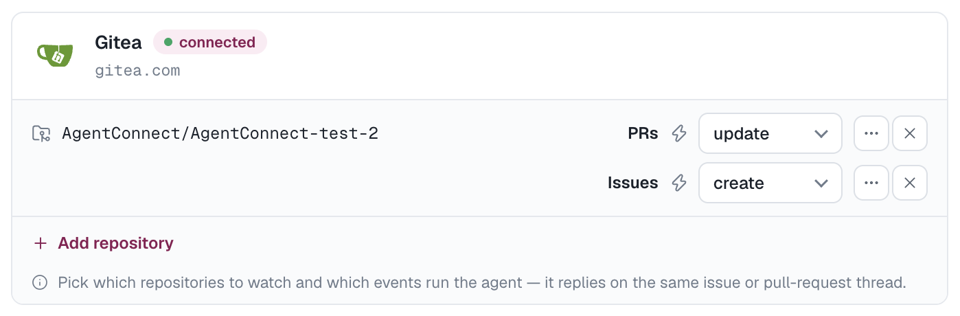 一个 Agent 的 Gitea 卡片，其中有一个被监视的仓库，显示 Pull Request 和 Issue 类型及其触发条件