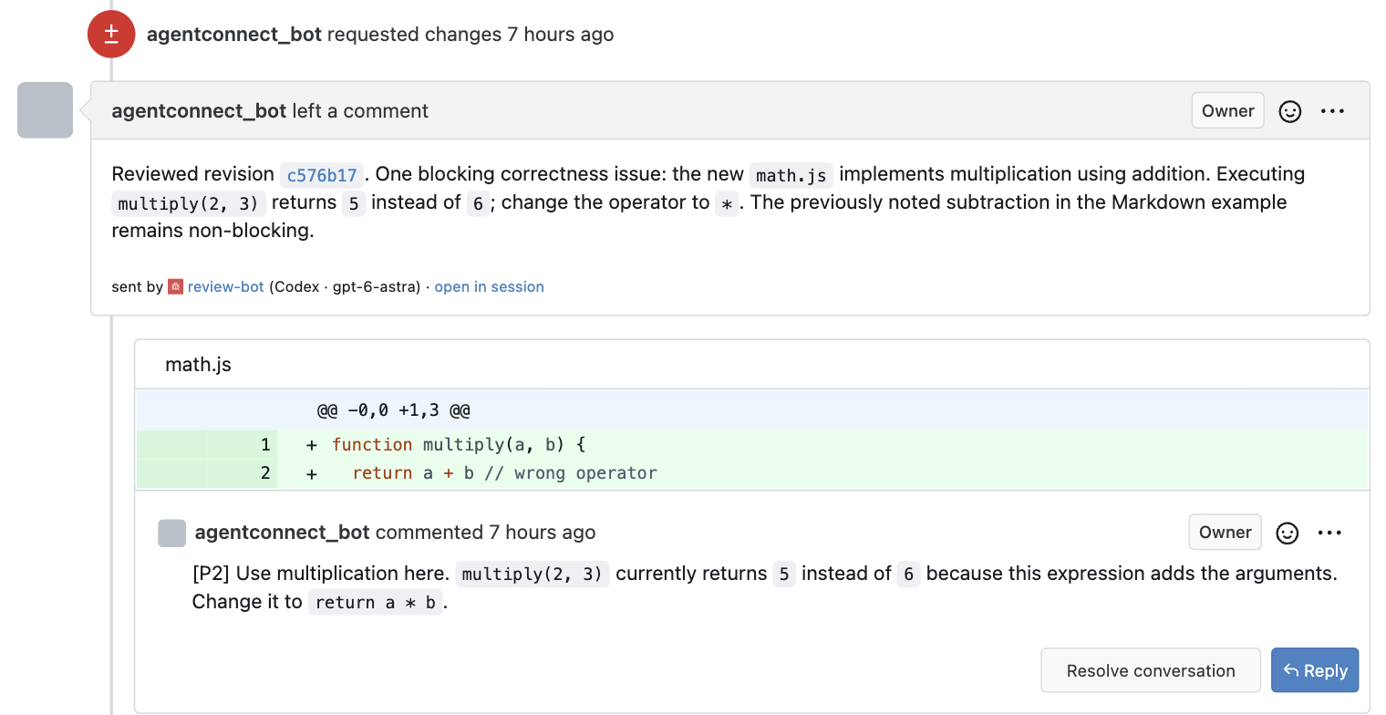 机器人用户在 Pull Request 上的一次 REQUEST_CHANGES 评审：先是摘要，然后是锚定到问题行的行内评论