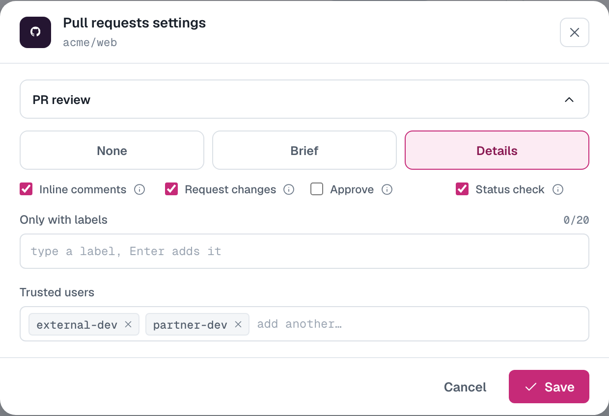 Pull Request 监视项的设置，其中有两个受信任用户