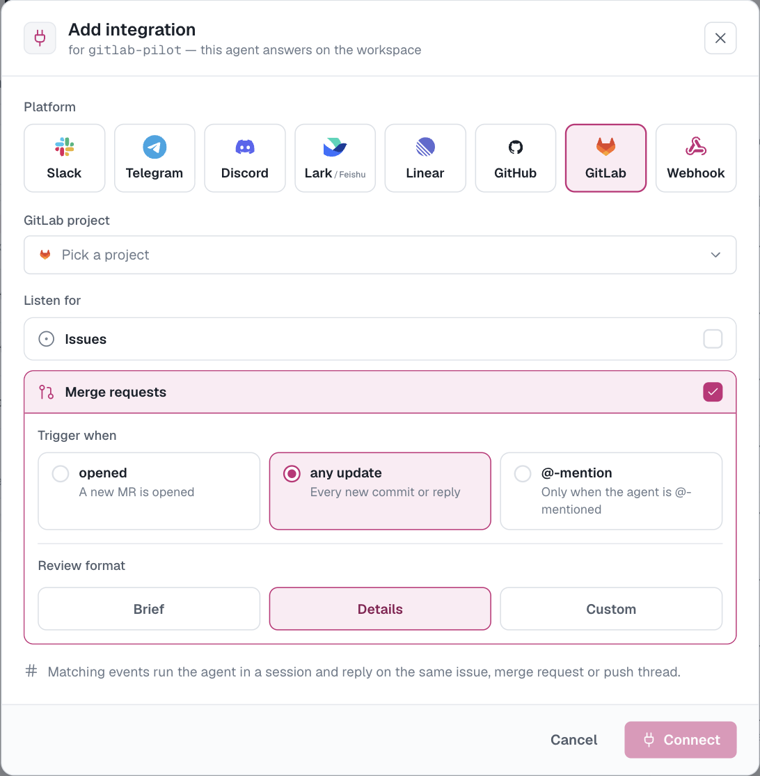 选择了 GitLab 的添加集成对话框：选择项目，选择 Issue 或 Merge Request，以及 Agent 被唤醒的积极程度