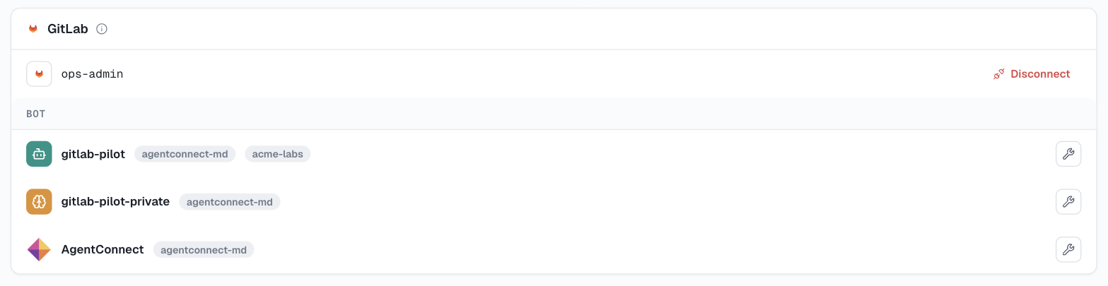 集成 → 代码托管平台下的 GitLab 卡片：管理连接，然后每个 Agent 一行，列出其服务账号所属的群组