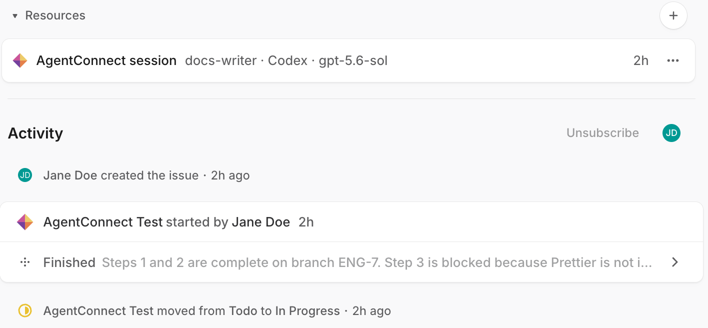 委派后的 Linear Issue：Resources 中的 AgentConnect 会话、由委派者启动的 Agent 会话，以及从 Todo 移到 In Progress 的 Issue