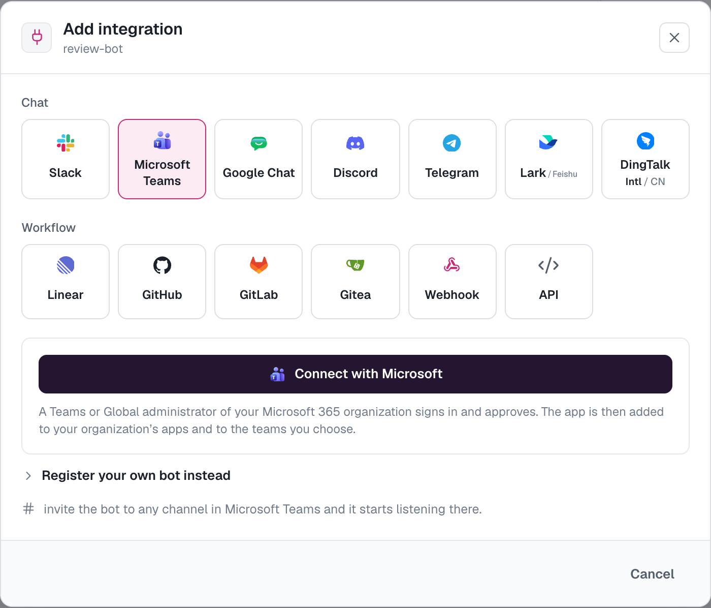 The Add integration dialog with Microsoft Teams selected and the Connect with Microsoft button