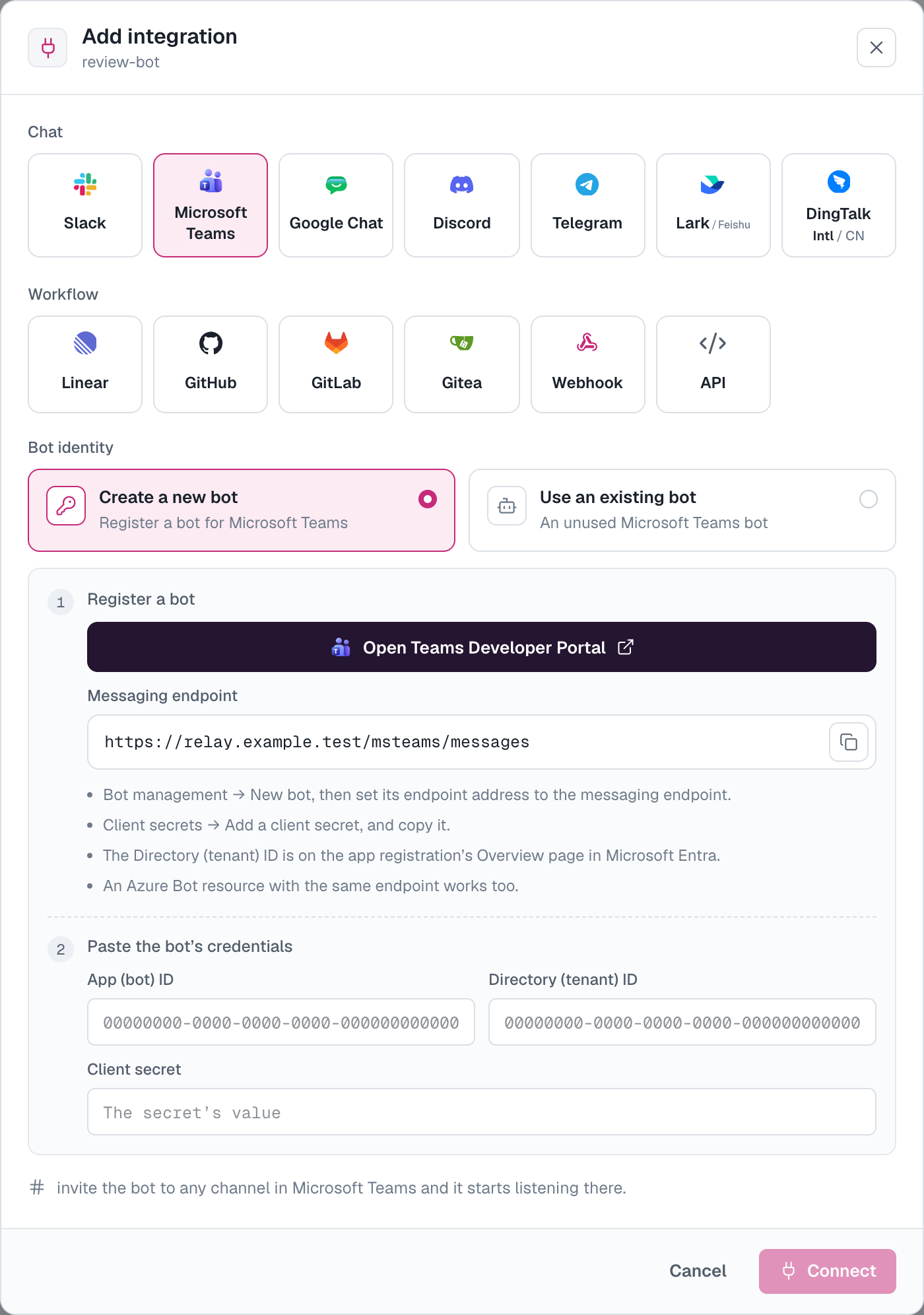 Register your own Teams bot: the messaging endpoint, then the App (bot) ID, Directory (tenant) ID, and client secret