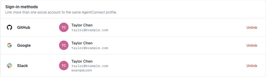 多种登录方式关联到同一个 AgentConnect 个人资料
