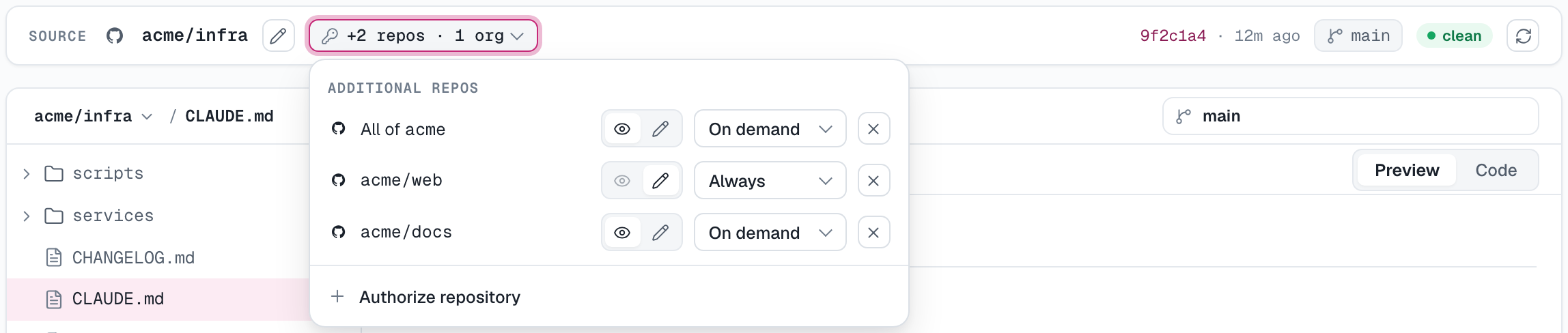 Additional repos: All of acme on demand, acme/web always checked out, acme/docs on demand