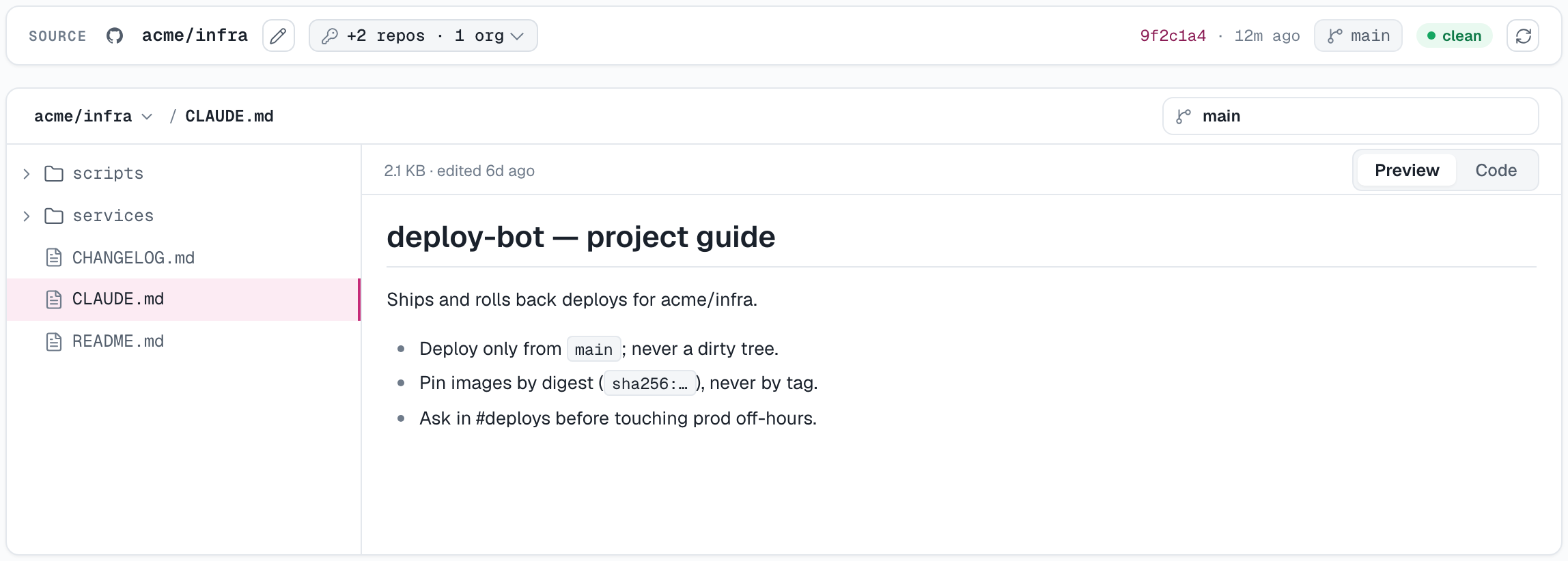 A GitHub-backed workspace: repository, additional repos, branch, and the working tree